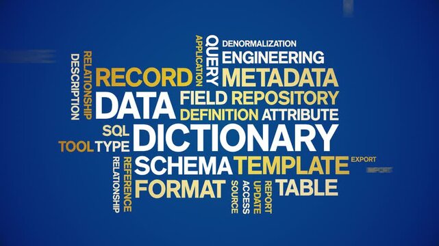 Data Dictionary animated word cloud-text design animation tag kinetic typography seamless loop.