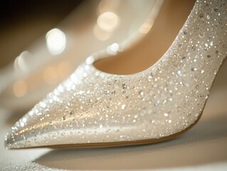 Crisp close-up lighting on premium materials showcasing macro detail of luxury bridal shoes with frost-kissed edges and elegant textures