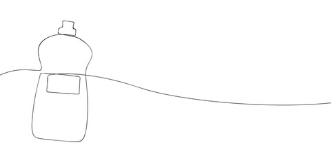 A simple continuous line drawing of a bottle with a cap and front label, resembling a liquid cleaning or household product container