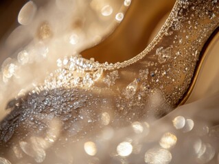 Luxury bridal shoes macro detail featuring frost-kissed edges and refined textures with crisp close-up lighting on premium materials