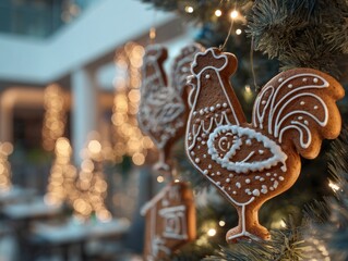 Premium macro festive composition showing Tula gingerbread in form of a rooster on tree with warm fairy lights and cool background, concept