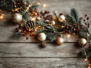 Editorial winter flat-lay illustration featuring Russian-style garland and miniature ornaments arranged on clean modern wood