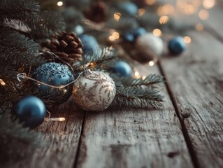 Macro flat-lay Russian-style festive garland artwork with small ornaments in soft winter tones representing modern wooden surface decor