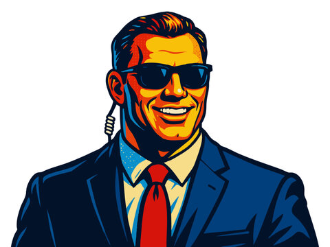 male secret service agent in a suit, with dark sunglasses and earpiece, smiling confidently. Generative ai vector colorful pop art illustration.