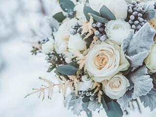 Overhead macro shot of winter wedding bouquet, delicate blooms layered with cool tones and snowy details, clean refined composition