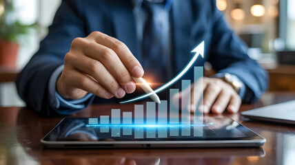 Professional Finger Activating Financial Growth Graph on Digital Tablet