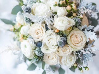 Overhead macro shot winter wedding bouquet illustration in refined clean style, cool tones, representing delicate snowy floral design