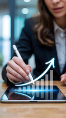 Corporate Professional Engaging With Tablet Showing Financial Progress and Data Metrics