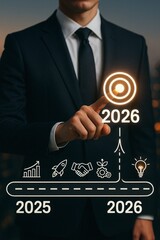 Business roadmap to 2026 success concept. A hand reaches the glowing goal, symbolizing achievement, strategic alignment, and forward-focused business growth.