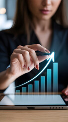 Female Analyst Using Digital Tablet With Futuristic Growth and Strategy Display