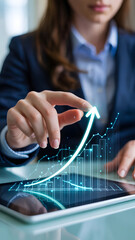 Business Professional Using Tablet With Rising Arrow Graphic for Growth and Data Analytics