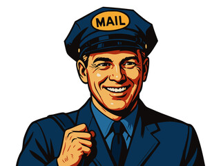 cheerful postal worker wearing a classic blue uniform and mail cap, ideal for nostalgic themes. Generative ai vector colorful pop art illustration.