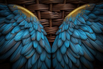 Obraz premium Stunning blue angel wings with golden glitter against woven wood backdrop