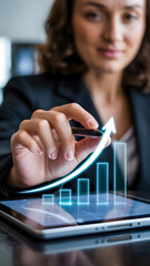 Business Leader Interacting With Tablet and Rising Financial Chart Visualization