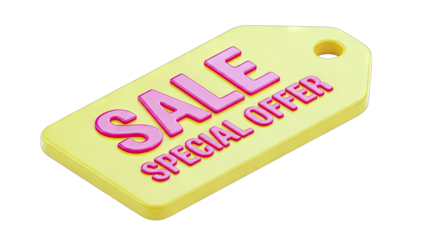 Yellow Sale Special Offer Tag Isolated on Black Background with Pink Text and Soft Lighting Highlights