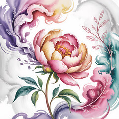 Elegant Watercolor Peony Bloom with Pastel Swirls