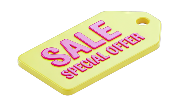 Yellow Sale Special Offer Tag Isolated on Black Background with Pink Text and Soft Lighting Highlights