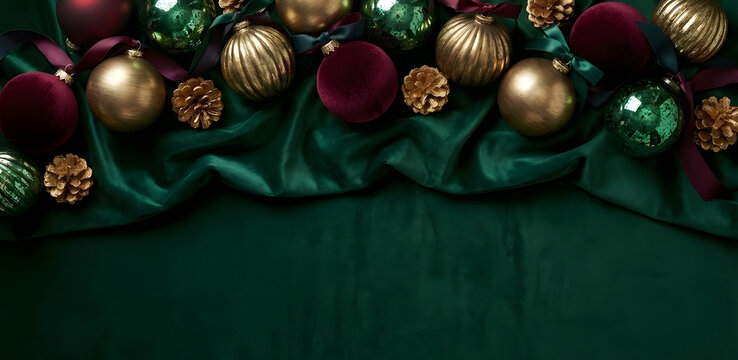 Luxurious Christmas top border featuring burgundy and gold baubles, pine cones, and ribbons arranged on a dark green velvet background with copy space.
