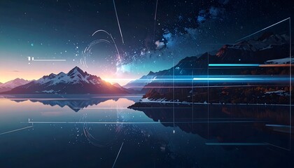 Futuristic Landscape with Mountain Reflections and Digital Technology Elements in Night Sky