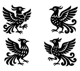 Obraz premium Icon for Chinese New Year, 4 phoenix illustrations, outline, transparent background