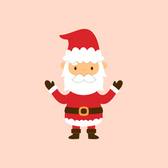 Cute cartoon Santa Claus character standing with arms open, wearing a red suit and hat, on a light pink background.