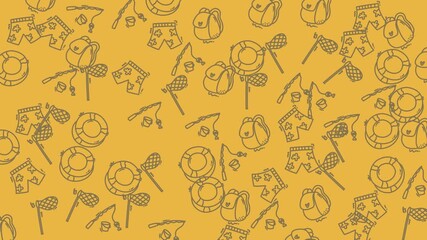 Pattern doodle summer fun with swim trunks and fishing gear whimsical design. Suitable for summerthemed designs, kids products, and stationery.