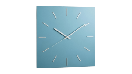 Square light blue wall clock PNG isolated on transparent background, modern design timekeeping object for interior decor and graphic design use