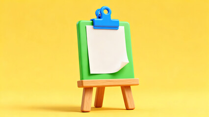 Yellow Background Wooden Easel & Green Notepad 3D Scene