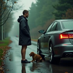 AI generated Calm amble alongside pet amidst misty autumn scenery and drifting clouds