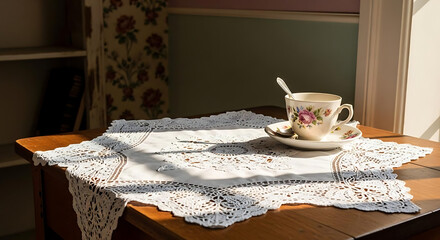 A teacup with a spoon on a saucer sitting on a lace doily on a wooden table near a window area ai generated