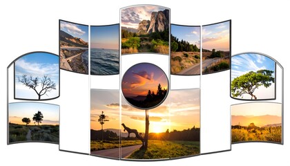 Curved Multi-screen Display Showing Scenic Nature Landscape with Sunset and Trees