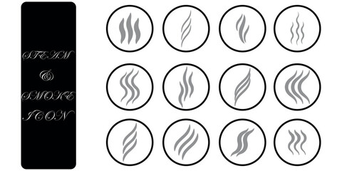 Smoke steam icon vector logo set. Smoke smell, steam aroma heat icon illustration. Hot vapor fire doodle line logo. Hit stink, coffee, fragrance flame elements. Vector illustration