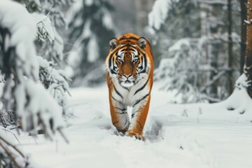 Majestic tiger in snowy forest