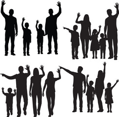 Dynamic Silhouettes of Diverse Community Groups and Families Interacting, Featuring Adults and Children Raising Hands in Greeting or Participation