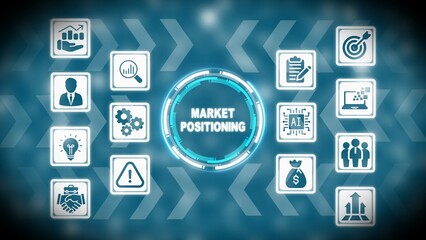 Market positioning concept with business icons and digital interface on blue background business strategy