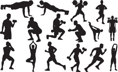 Collection of black vector silhouettes showing men in various fitness and gym workout exercise poses
