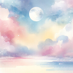 Dreamy watercolor sky with full moon and pastel clouds