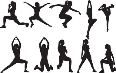 Silhouettes of Fitness Flexible Figures Exercising in Diverse Yoga Poses and Stretches