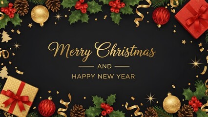 Elegant black background christmas and new year greeting card border frame with festive ornament decoration, pine cone, holly berry, and gift box