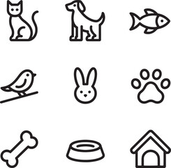 Pets care vector outline style icon set representing animals at veterinary clinic