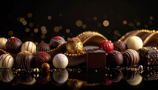 Vagues chocolatées avec boules de chocolats de Noël de différentes saveurs, isolées sur fond noir. Generated Image. 