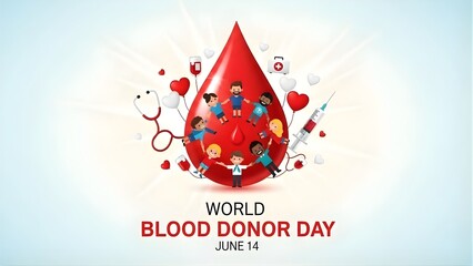 World Blood Donor Day Diverse People United Around a Giant Blood Drop with Medical Symbols and Hearts