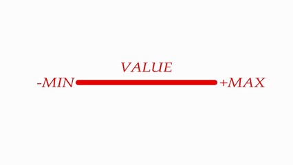 Red line graph showing value from minimum to maximum with text labels value scale min max