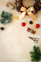 New Year DIY decoration - Christmas wreath with accessories, top view