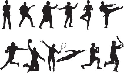 A diverse collection of vector silhouettes showing people in various sports, professions, and lifestyle activities