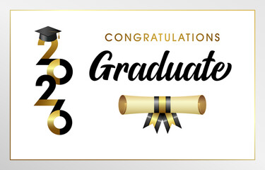 Congratulations graduate 2026 greeting card design with golden elements, 3D cap, creative vertical number and diploma scroll.