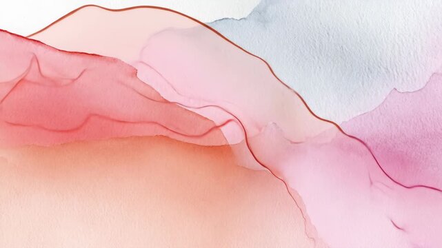 Beautiful and soothing fluid art animation of watercolor paints spreading and mixing on a textured white paper background, creating a gentle and artistic abstract splash with pastel colors
