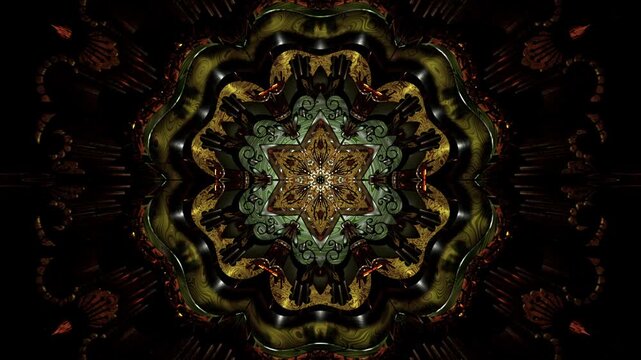 Complex ornamental mandala with swirling metallic shapes meditative ornament, symmetrical kaleidoscope star geometry rendered in 3D, dark abstract digital artwork with intricate detail and hypnotic