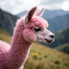 Obraz premium AI generated. Pink alpaca stands calmly with mountain background and soft fog creating