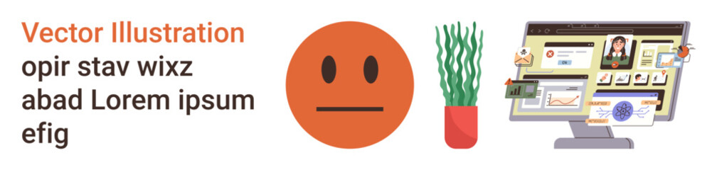 Digital identity, authentication, online communication, remote work, technology interfaces, personal expression. Neutral emotion face, computer monitor with digital workspace plant. Digital identity